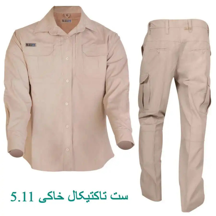 نمایش کامل کت و شلوار نظامی تاکتیکال برند 5.11 با رنگ خاکی، شامل پیراهن دکمهدار دارای جیبهای سینهای و شلوار چندجیبه کارگو، با نوشته فارسی 'ست تاکتیکال خاکی 5.11' در پایین