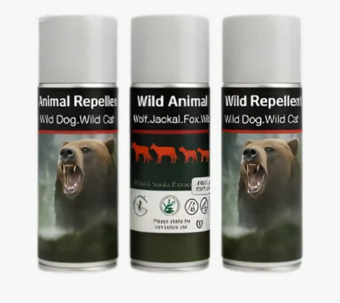 نمایش سه عدد اسپری فلفل بازدارنده حیوانات درنده (Wild Animal Repellent) با برد بالا، دارای طرح خرس غران بر روی بسته‌بندی و آیکون‌های ایمنی، مناسب برای محافظت در طبیعت